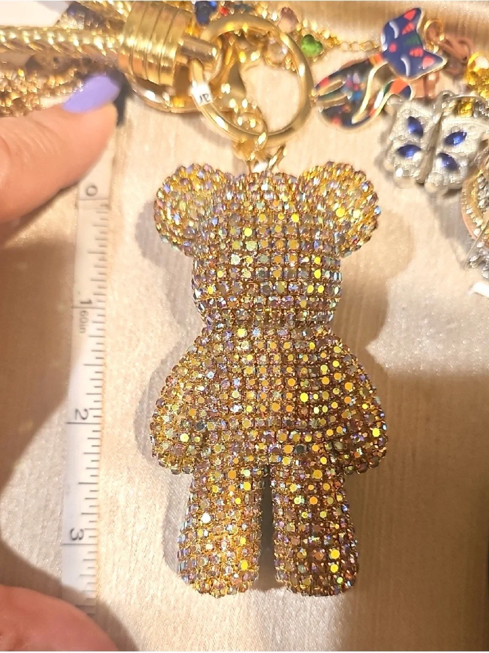 Natasha Couture Gold Multicolor Crystal Teddy Bear Keychain bag charm new